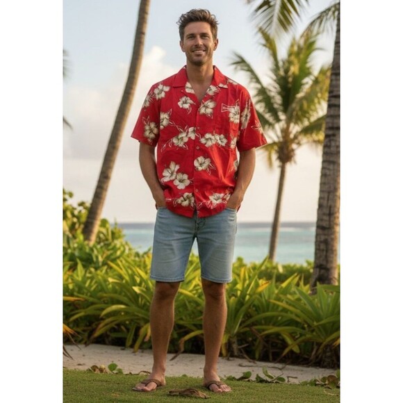 Vintage Barefoot In Paradise Men’s Red Budweiser Hawaiian Shirt Size Large - Picture 2 of 8